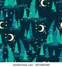 white snowflakes and conifers trees
of different sizes, yellow stars and the moon, drifts are chaotically arranged on a dark azure background. cute winter seamless pattern. vector