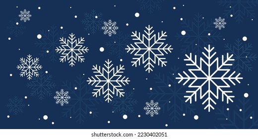 Copos de nieve blancos con ilustración vectorial de fondo azul oscuro.