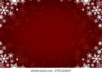 White snowflakes Dark red winter background frame border. Christmas backdrop with copy space.