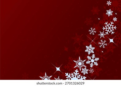 White snowflakes Dark red winter background frame border. Christmas backdrop with copy space.