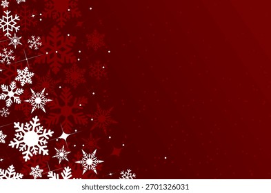 White snowflakes Dark red winter background frame border. Christmas backdrop with copy space.