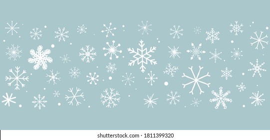 White snowflakes of drawing the hand design on light blue background. Winter symbols element for Christmas card. Doodles style collection. Vector illustration.
