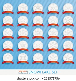 White snowflakes emblems on the blue background. Eps 10 vector file.