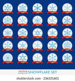 White snowflakes emblems on the blue background. Eps 10 vector file.