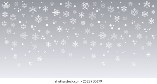White snowflakes falling on a grey gradient background.
