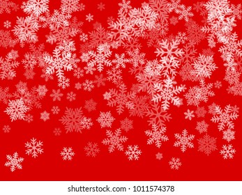 White snowflakes falling on red winter vector background. Snow flakes macro illustration, water freezing parts, snow elements, flakes confetti chaotic scatter  background. Cold weather symbols on red.