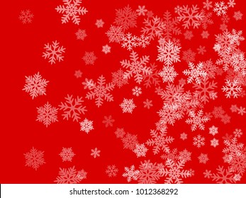 Copos blancos de nieve cayendo sobre fondo vectorial rojo de invierno. La nieve esparce la ilustración macro, las partes congelantes del agua, los elementos de nieve, esparce el fondo caótico del confetti. Símbolos del clima frío en rojo.