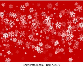 White snowflakes falling on red winter vector background. Snow flakes macro illustration, water freezing parts, snow elements, flakes confetti chaotic scatter  background. Cold weather symbols on red.