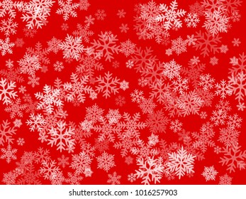 White snowflakes falling on red winter vector background. Snow flakes macro illustration, water freezing parts, snow elements, flakes confetti chaotic scatter  background. Cold weather symbols on red.
