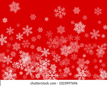 White snowflakes falling on red winter vector background. Snow flakes macro illustration, water freezing parts, snow elements, flakes confetti chaotic scatter  background. Cold weather symbols on red.