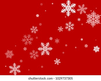 White snowflakes falling on red winter vector background. Snow flakes macro illustration, water freezing parts, snow elements, flakes confetti chaotic scatter  background. Cold weather symbols on red.