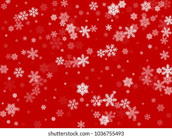 White snowflakes falling on red winter vector background. Snow flakes macro illustration, water freezing parts, snow elements, flakes confetti chaotic scatter  background. Cold weather symbols on red.
