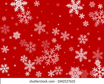 White snowflakes falling on red winter vector background. Snow flakes macro illustration, water freezing parts, snow elements, flakes confetti chaotic scatter  background. Cold weather symbols on red.