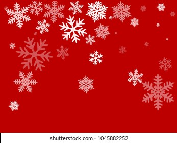 White snowflakes falling on red winter vector background. Snow flakes macro illustration, water freezing parts, snow elements, flakes confetti chaotic scatter  background. Cold weather symbols on red.