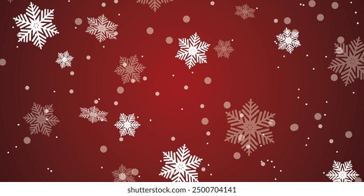 White snowflakes falling on red winter vector background. Snow flakes macro illustration, water freezing parts, snow elements, flakes confetti chaotic scatter background. Cold weather symbols on red.