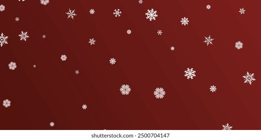 White snowflakes falling on red winter vector background. Snow flakes macro illustration, water freezing parts, snow elements, flakes confetti chaotic scatter background. Cold weather symbols on red.