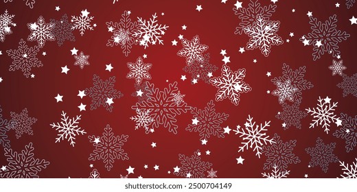 White snowflakes falling on red winter vector background. Snow flakes macro illustration, water freezing parts, snow elements, flakes confetti chaotic scatter background. Cold weather symbols on red.