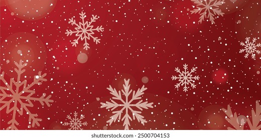 White snowflakes falling on red winter vector background. Snow flakes macro illustration, water freezing parts, snow elements, flakes confetti chaotic scatter background. Cold weather symbols on red.