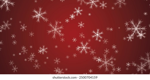 Copos de nieve blancos que caen sobre fondo rojo del Vector del invierno. Ilustración macro de copos de nieve, partes de congelación de agua, Elementos de nieve, fondo de dispersión caótica de confeti en escamas. Símbolos de Clima frío en rojo.