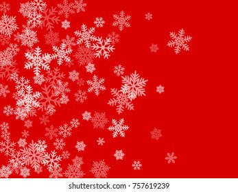White snowflakes falling on red winter vector background. Snow flakes macro illustration, water freezing parts, snow elements, flakes confetti chaotic scatter  background. Cold weather symbols on red.