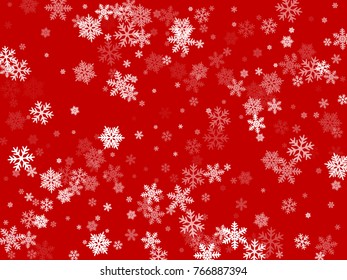 White snowflakes falling on red winter vector background. Snow flakes macro illustration, water freezing parts, snow elements, flakes confetti chaotic scatter  background. Cold weather symbols on red.