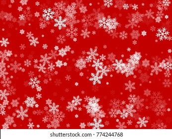 White snowflakes falling on red winter vector background. Snow flakes macro illustration, water freezing parts, snow elements, flakes confetti chaotic scatter  background. Cold weather symbols on red.