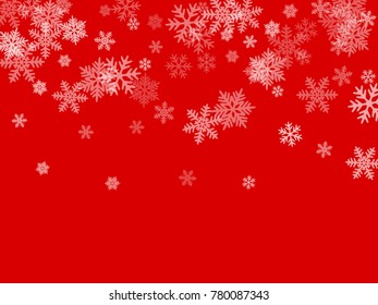 White snowflakes falling on red winter vector background. Snow flakes macro illustration, water freezing parts, snow elements, flakes confetti chaotic scatter  background. Cold weather symbols on red.