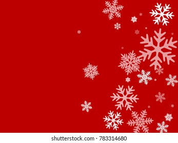 White snowflakes falling on red winter vector background. Snow flakes macro illustration, water freezing parts, snow elements, flakes confetti chaotic scatter  background. Cold weather symbols on red.