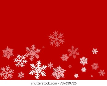 White snowflakes falling on red winter vector background. Snow flakes macro illustration, water freezing parts, snow elements, flakes confetti chaotic scatter  background. Cold weather symbols on red.