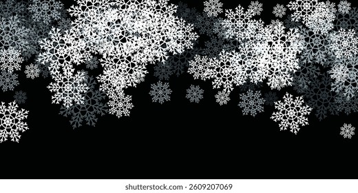 White snowflakes falling over dark background, winter vector illustration.  Snowflakes bokeh effect abstract blur.