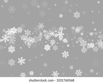 White snowflakes falling winter vector background. Snow flakes macro illustration, water freezing parts, white snow elements, flakes confetti chaotic scatter. Cold weather symbols on grey background.