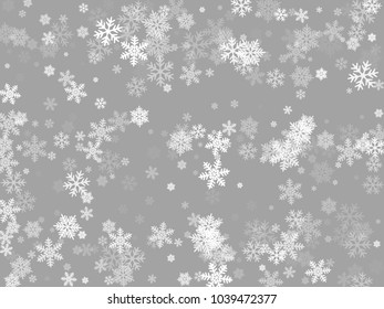 White snowflakes falling winter vector background. Snow flakes macro illustration, water freezing parts, white snow elements, flakes confetti chaotic scatter. Cold weather symbols on grey background.