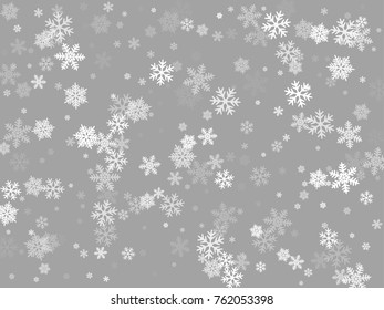 White snowflakes falling winter vector background. Snow flakes macro illustration, water freezing parts, white snow elements, flakes confetti chaotic scatter. Cold weather symbols on grey background.