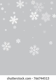 White snowflakes falling winter vector background. Snow flakes macro illustration, water freezing parts, white snow elements, flakes confetti chaotic scatter. Cold weather symbols on grey background.