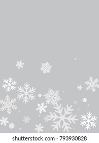White snowflakes falling winter vector background. Snow flakes macro illustration, water freezing parts, white snow elements, flakes confetti chaotic scatter. Cold weather symbols on grey background.
