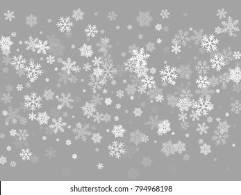 White snowflakes falling winter vector background. Snowflakes macro illustration, water freezing parts, white snow elements, flakes confetti chaotic scatter. Cold weather symbols on grey background.