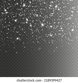White snowflakes are flying in the air. snow background. Snow and wind. Vector heavy snowfall, snowflakes in various shapes and forms. Many white cold flakes elements on a transparent background.