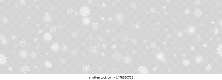 White snowflakes flying over transparent background, vector illustration. Beautiful flakes in the air, Christmas snow background. White winter design elements for xmas and new greeting cards, banners.