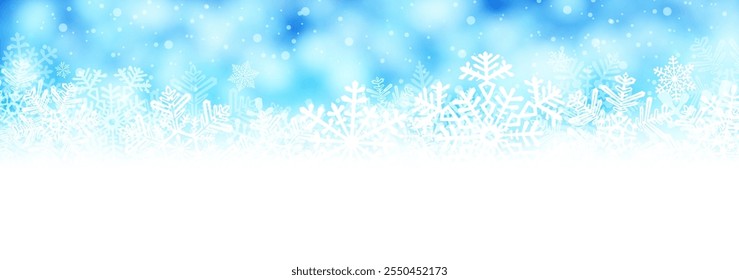 Los copos de nieve blancos forman un borde elegante sobre un fondo azul brillante, creando un diseño de invierno alegre. Ideal para proyectos de temporada y temas de vacaciones.