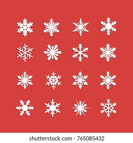 White snowflakes icon on red background. Collection graphic art for your design Merry Christmas and Happy New Year