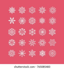 White snowflakes icon on red background. Collection graphic art for your design Merry Christmas and Happy New Year