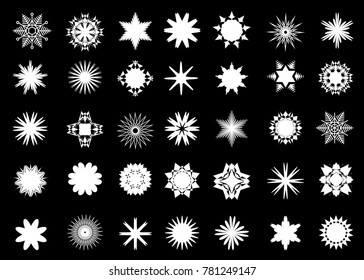 White snowflakes icon set isolated on black background.  Christmas  snow collection. Vector winter decoration.