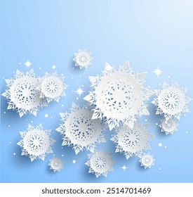 White snowflakes with intricate designs float against a light blue background, accented with sparkling stars and bokeh lights. Ideal for winter, holiday, Christmas, New Year, and seasonal designs