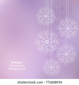 White snowflakes made of connected lines and dots on violet background.