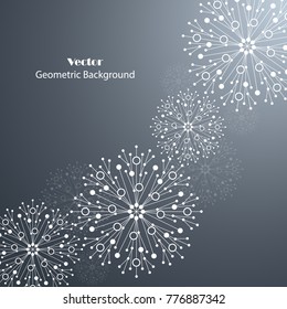 White snowflakes made of connected lines and dots on gray background.