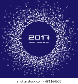 White snowflakes New Year 2017 on blue Background.  Glowing white confetti circle new year frame. White shining snow flakes circle background. Vector illustration