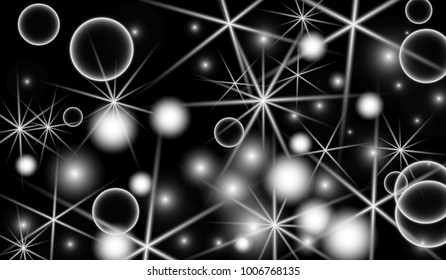 White Snowflakes on Black Background. Christmas Confetti. Festive Background with Bokeh and Stars. New Year Glitter made of Snowflakes and Stars. Confetti for Cards, Posters, Flyers on Black Backdrop.