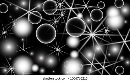 White Snowflakes on Black Background. Christmas Confetti. Festive Background with Bokeh and Stars. New Year Glitter made of Snowflakes and Stars. Confetti for Cards, Posters, Flyers on Black Backdrop.