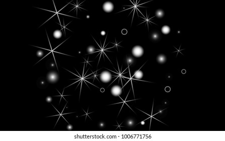 White Snowflakes on Black Background. Christmas Confetti. Festive Background with Bokeh and Stars. New Year Glitter made of Snowflakes and Stars. Confetti for Cards, Posters, Flyers on Black Backdrop.