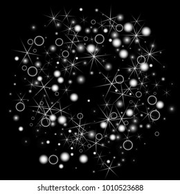 White Snowflakes on Black Background. Christmas Confetti. Festive Background with Bokeh and Stars. New Year Glitter made of Snowflakes and Stars. Confetti for Cards, Posters, Flyers on Black Backdrop